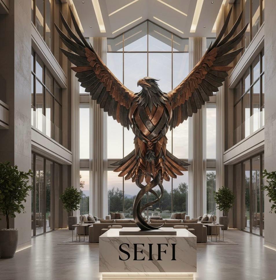 Escultura monumental en bronce ubicada en interior de lujo